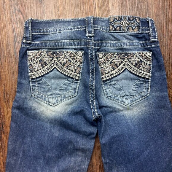 Miss Me Skinny Jeans Rhinestone Floral Pockets Distressed Medium Wash Size 25 - Picture 4 of 12